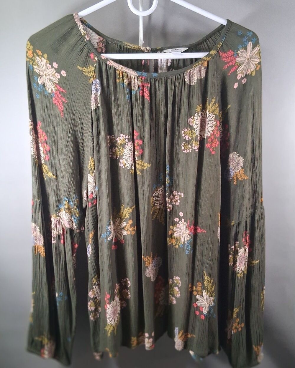 Sonoma Goods For Life Boho Floral Bell Sleeve Blouse Olive Green Rayon XL